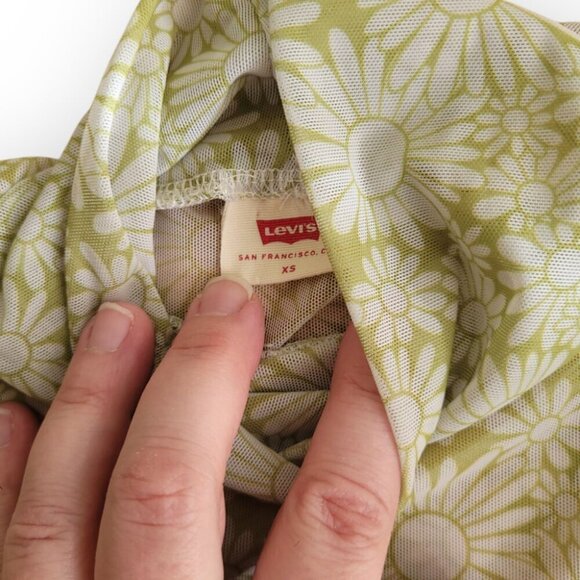 Semi Sheer Levi's Mesh Top XS Green White Daisy Print Mockneck Boho Layering - Picture 5 of 8